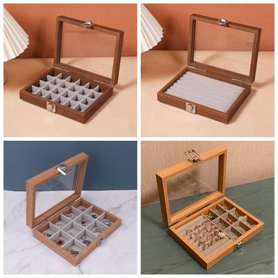 Glass Lid Jewelry Organizer Velvet Jewelry Display Tray Wooden Jewelry Box  Jewelry Storage