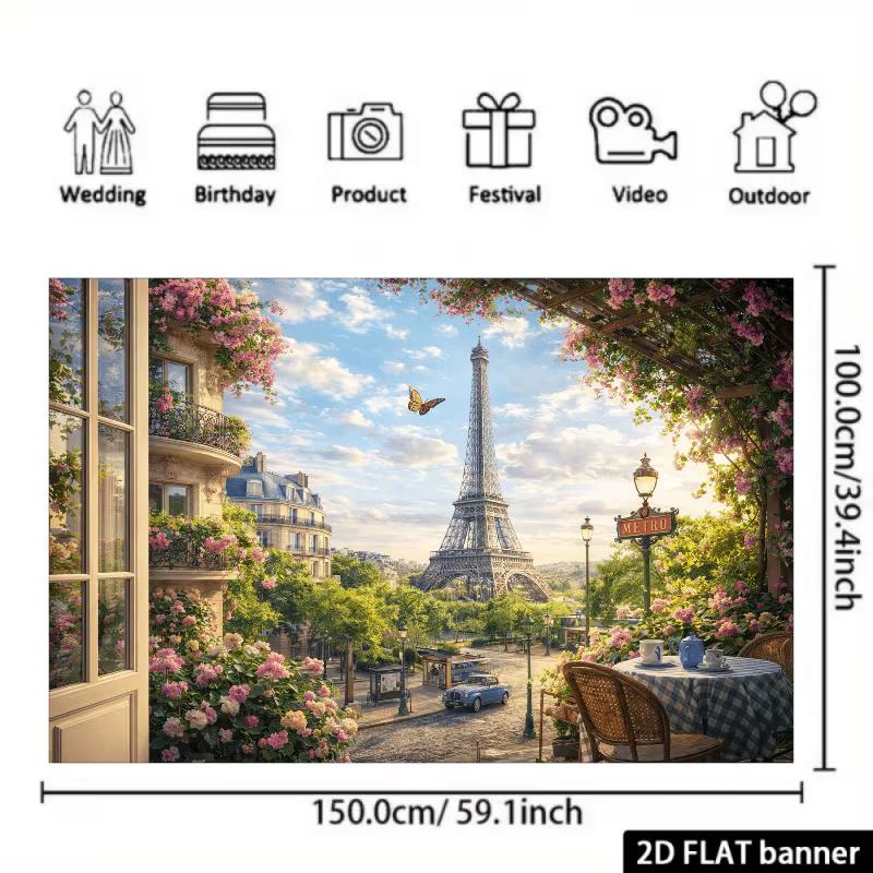 2D Paris Eiffel Tower Floral Backdrop for Event Decoration