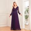 European Style Shiny Pleated Long Sleeve V-Neck A-Line Evening Gown
