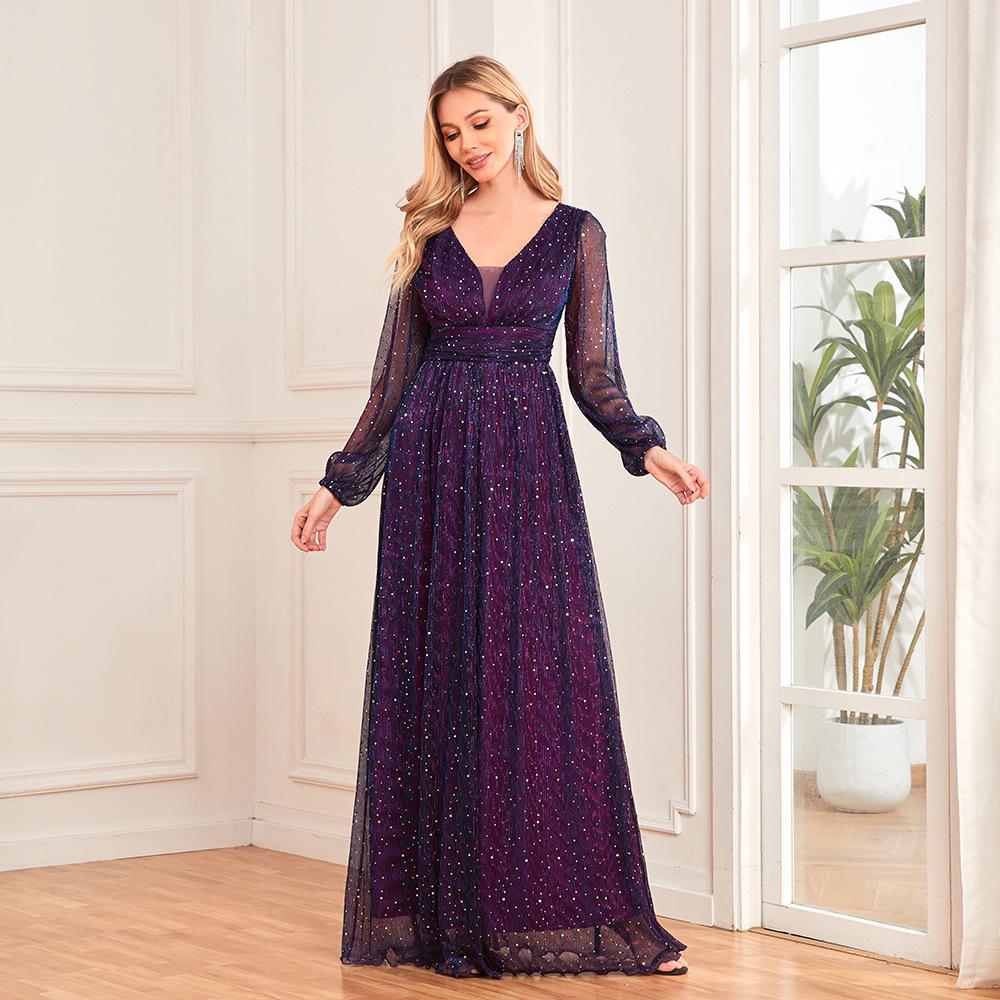 European Style Shiny Pleated Long Sleeve V-Neck A-Line Evening Gown