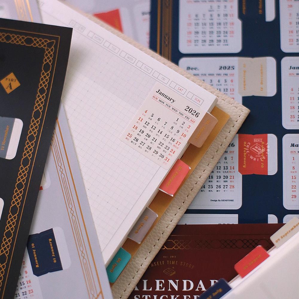 1 Stück 2026 Kalender Goldfolien-Indexaufkleber, 16 Monate Wasserdicht Selbstklebend Lesezeichen Planer Kalenderaufkleber für Scrapbooking