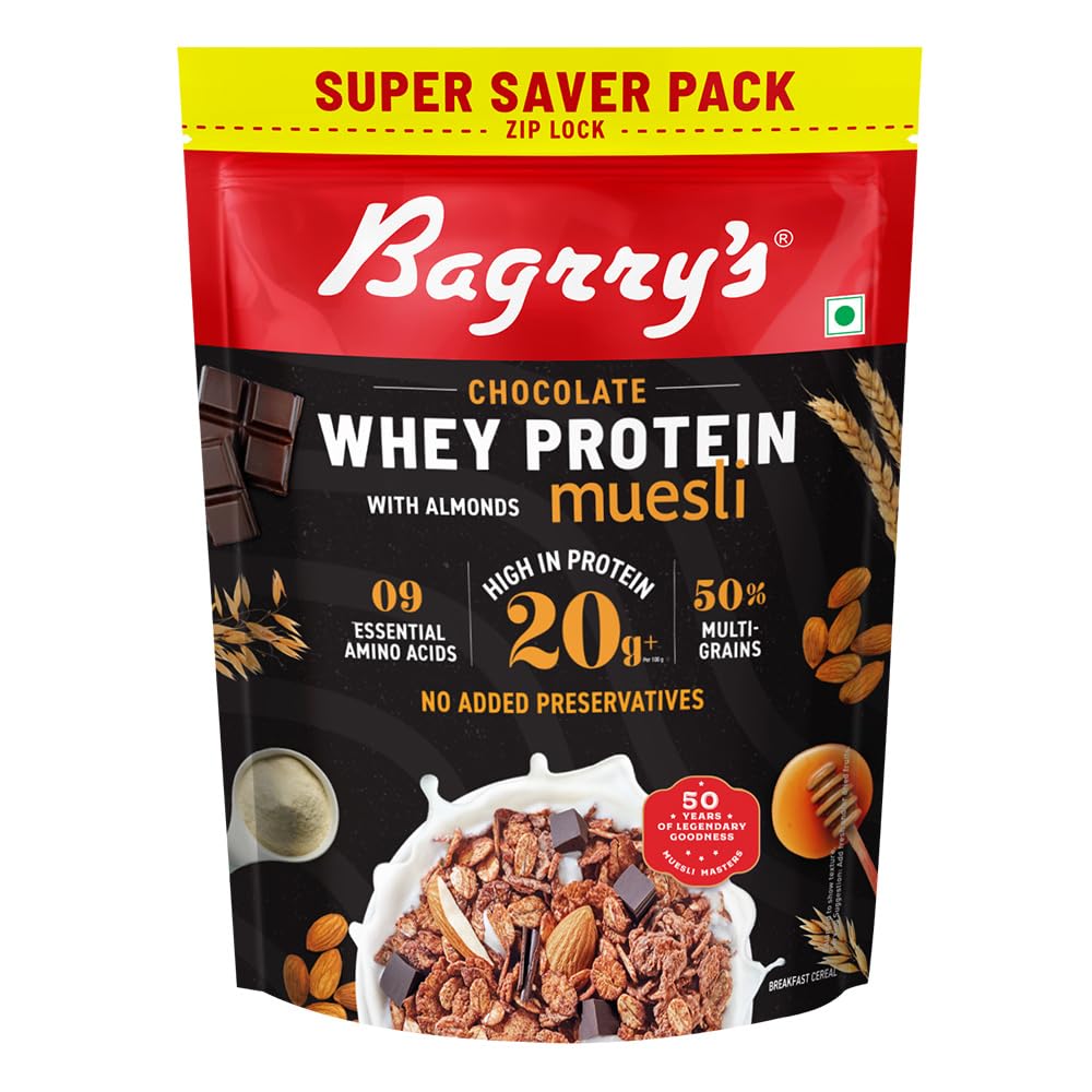 Bagrry s Whey Protein Muesli 750g | 20g+ Protein | Chocolate Flavour | Whole Oats, Whey Protein, Californian Almonds  Bran | Breakfast Cereal | Hi