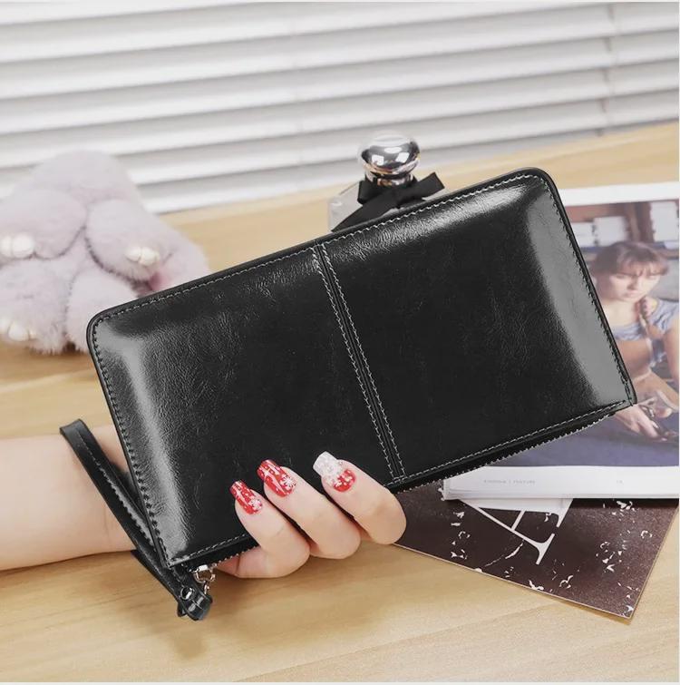 Lonny Women's Korean Style Wax Leather Long Wallet with Zipper and Buckle Large Capacity Clutch