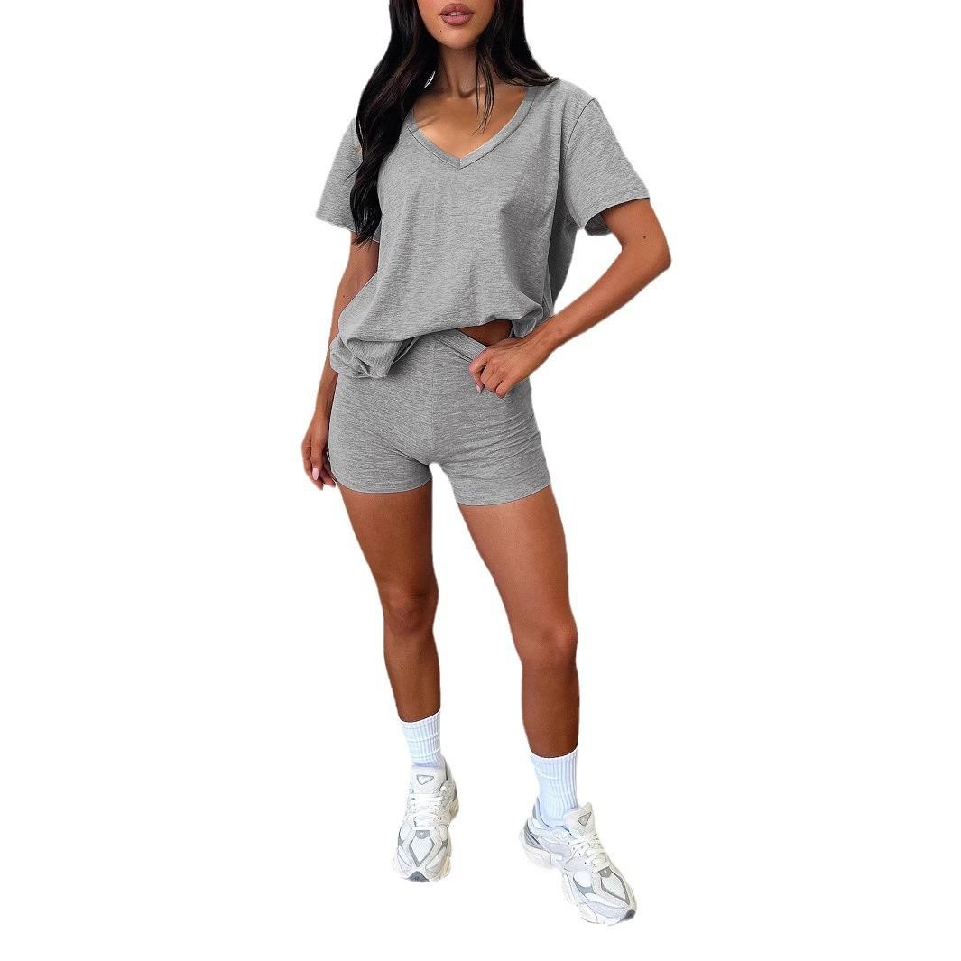 

Women s sets short-sleeved V-neck T-shirt sexy shorts casual solid color 2-piece set L чёрный