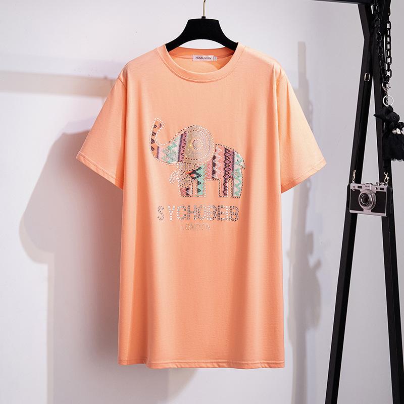 Plus Size Women S Rhinestone Loose Mid Length Short Sleeve T Shirt