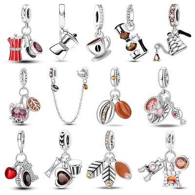 925 Silver Coffee Bean Charm Mocha Pot Pendant for Bracelet Necklace Exquisite Gift Jewelry