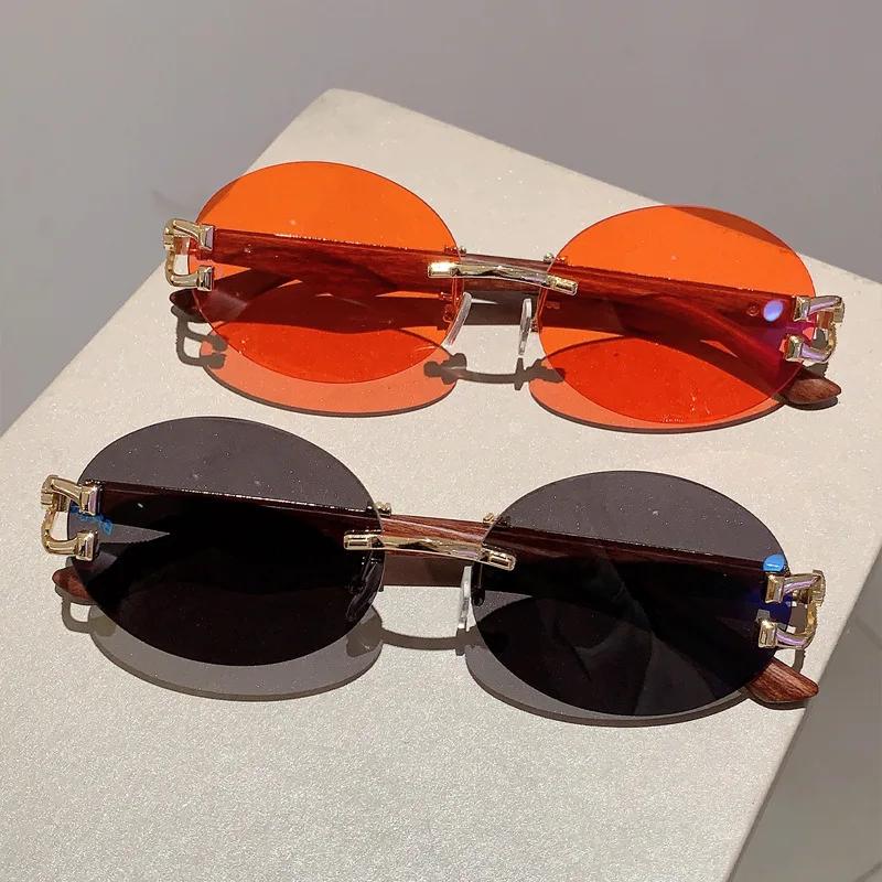 New Luxury Designer Vintage Rimless Oval Sunglasses Women Men Trendy Punk Metal Leopard Eyeglasses