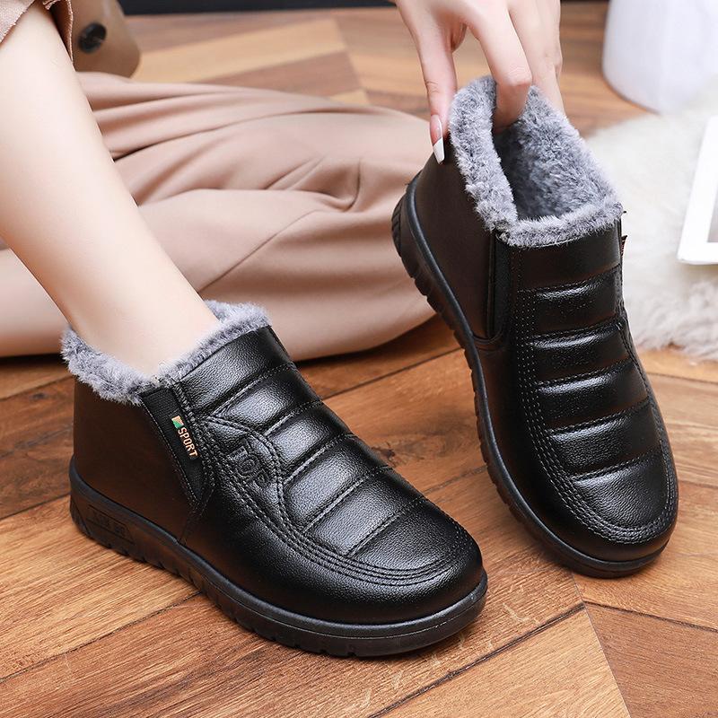 Women's Thermal Cotton Boots Velvet Snow Boots Non-slip Waterproof Leather Cotton Shoes