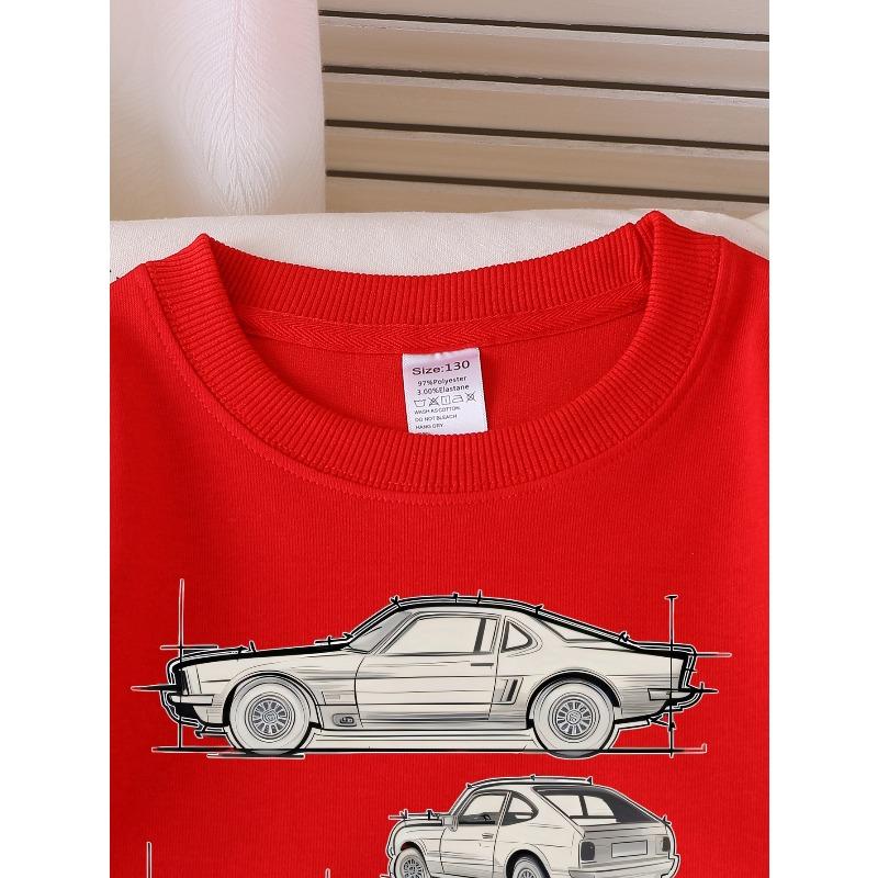 European sizes Classic Muscle Car Blueprint Girls' Crew Neck Fashion Sweatshirt, Autumn Winter Western Top, Long Sleeved Casual.