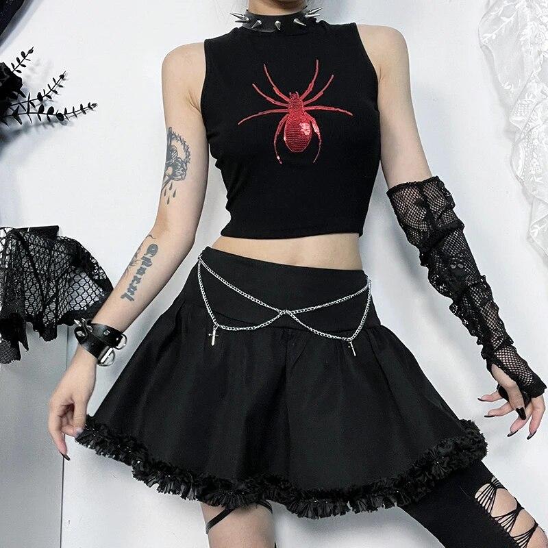 

Женский топ на бретельках с рисунком паука в стиле Харадзюку в стиле Харадзюку, с круглым вырезом и принтом на тонких бретельках, в стиле панк, эмо, укороченный топ без рукавов, камзол