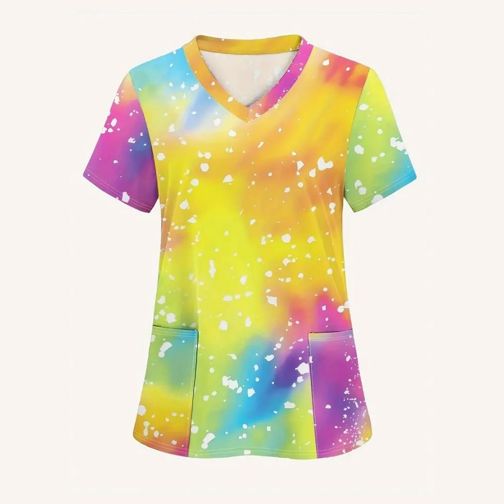 Women's Medical Uniforms Cartoon Pattern Print Dental Nursing Tops Fashion V-Neck Short Sleeve Vet Spa Clinical Uniform Woman