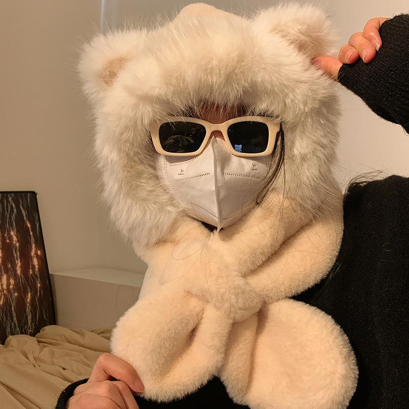 Winter Cute Bear Plush Hat and Scarf Integrated Women's Versatile Warm Fleece Lined Cute Neck Warmer