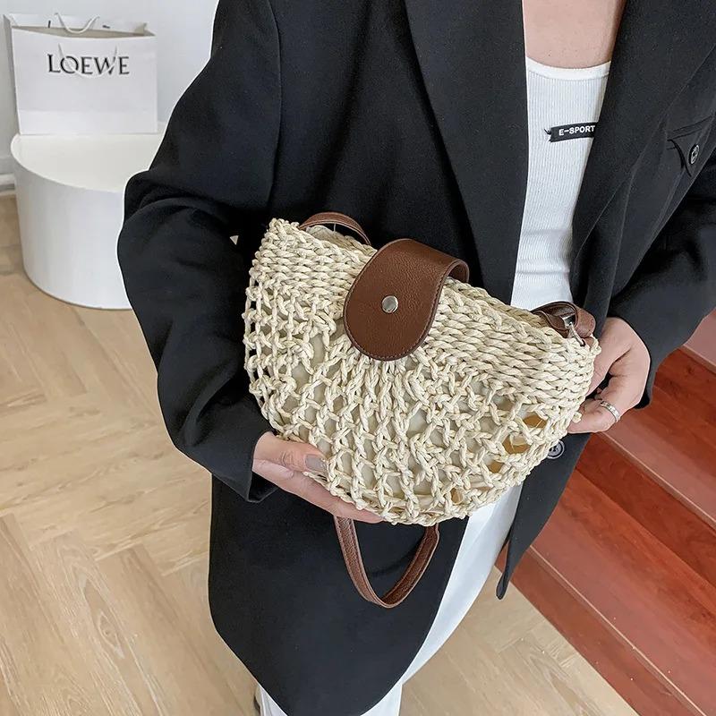 Summer Straw Women's Bag Fashion Half Round Crossbody Rattan Handmade Satchel Bag Travel Beach Bag Handbag