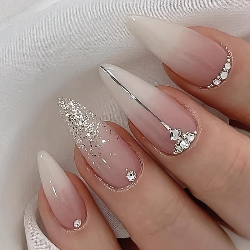 Explosive Flash Pure Handmade Dot Diamond French Almond Shaped Wearing Fake 24 Piece Nail Piece Set Diamond Nail Nail Piece