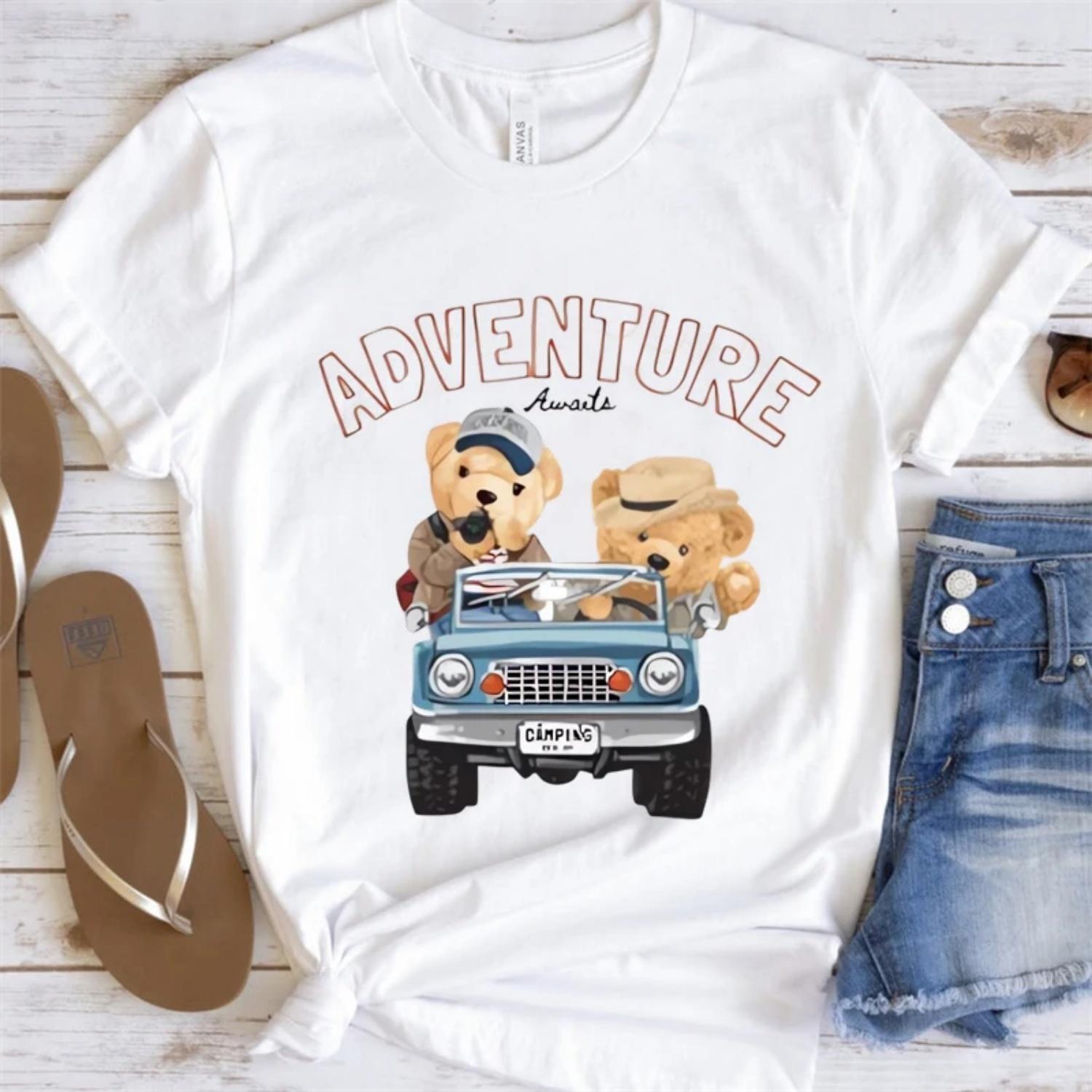 

Casual T-Shirt Adventure Awaits Cartoon Bear Car Printed Women s Summer Fashion Top Popular Basic Short Sleeved O-Neck T-Shirt XXXXXL білий