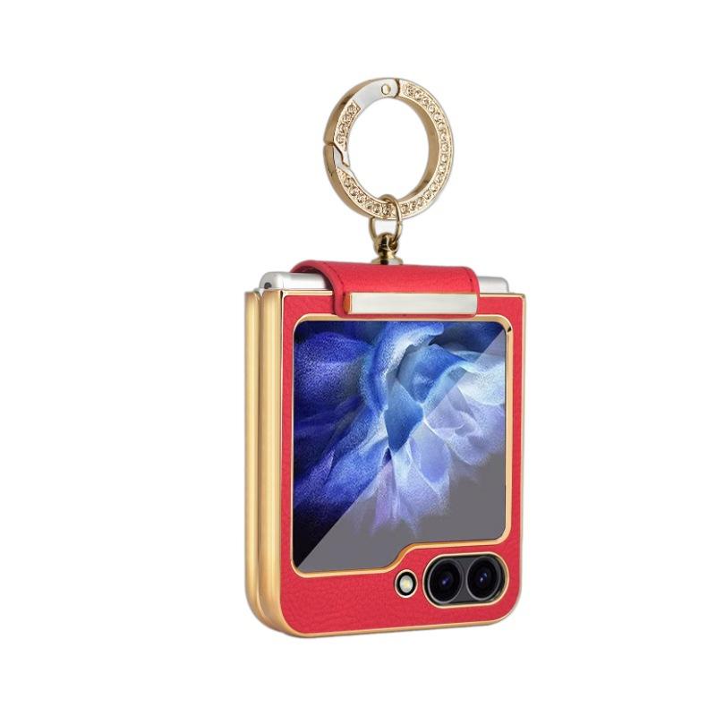 New Applicable Samsung Zflip6 Electroplated Ring Bracket Anti-drop Mobile Phone Case Korean Ins Wind Mobile Phone Leather Case