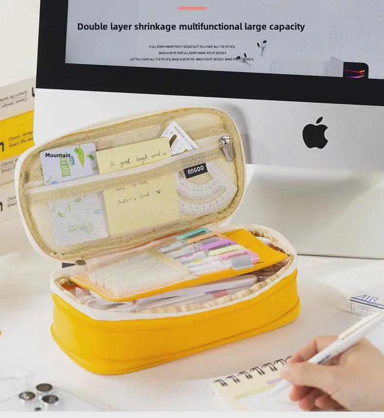 Spacious Macaron Colored Retractable Oxford Pencil Case - Compact Japanese & Korean Style for Students