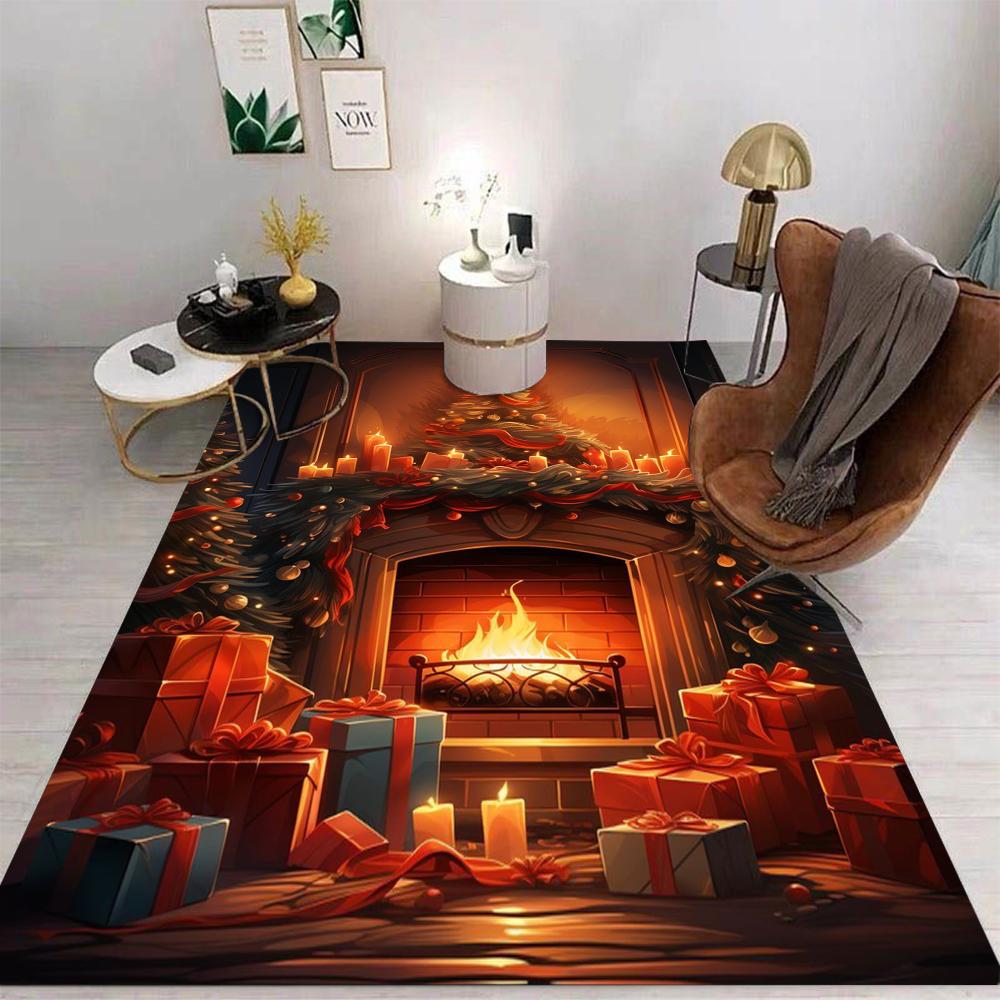Vintage Christmas Fireplace Background Carpet Christmas Tree Gift Garland Indoor Home Christmas Decoration Carpet