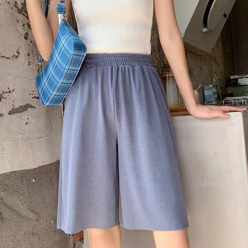 

Широкие шорты из ледяного шелка, женские летние свободные прямые брюки с высокой талией, драпированные повседневные брюки с пятью точками, женские шорты с эластичной резинкой на талии S