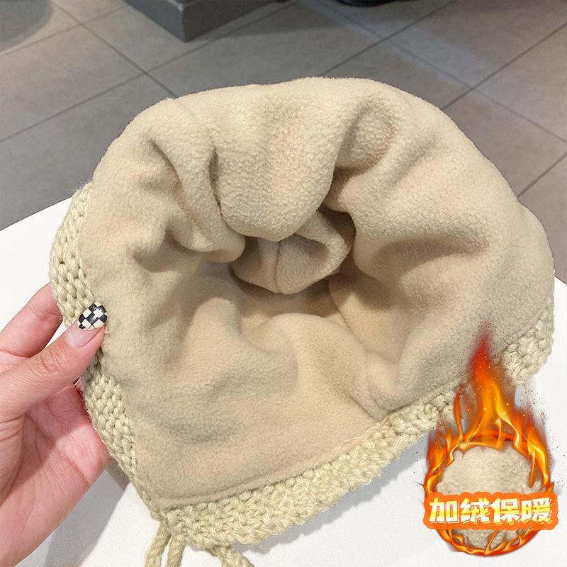New Autumn and Winter Wool Ear Protection Hat Women's Fringed Velvet Thermal Cover Stacking Hat Casual Knitted Hat Cold Proof