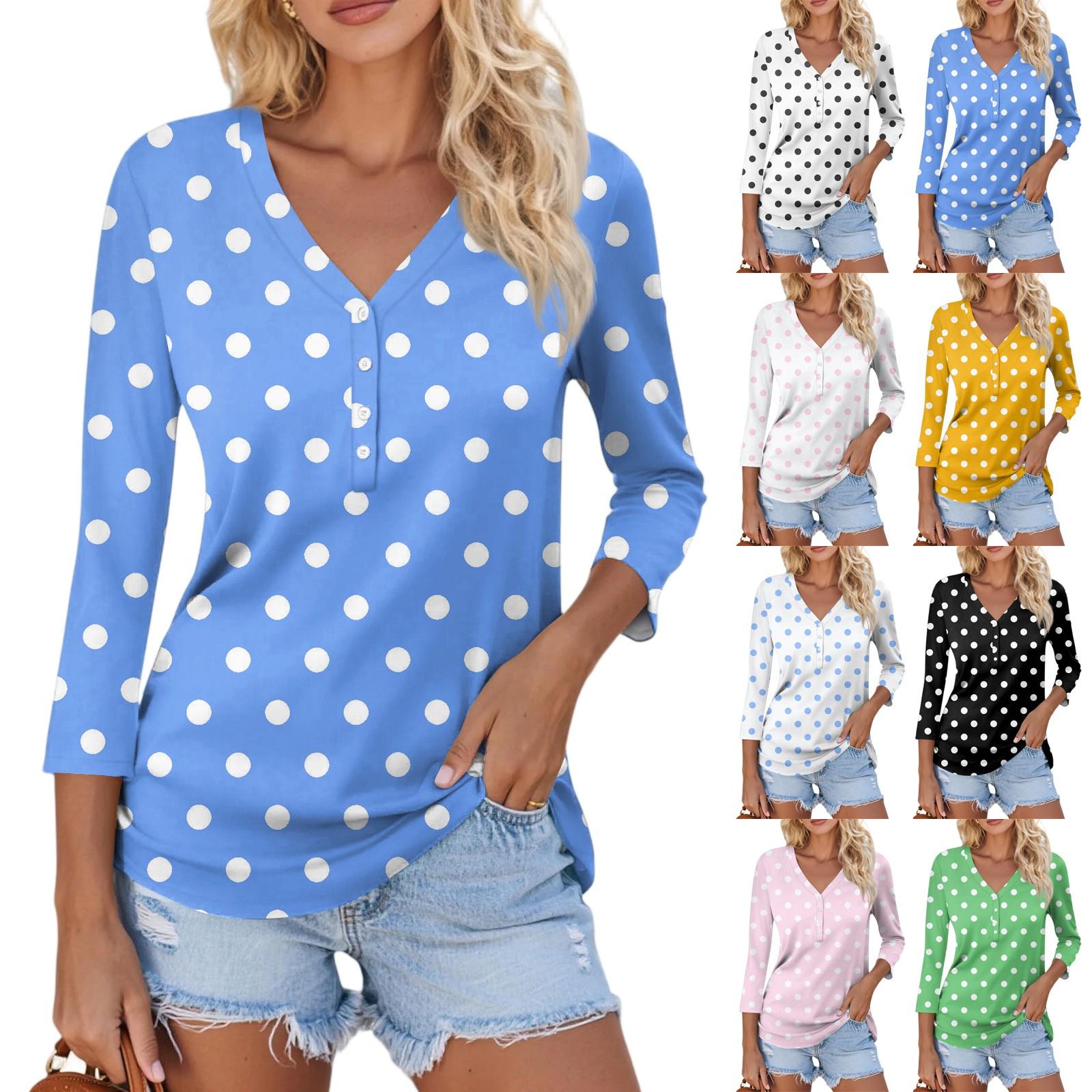 

Women s Casual Fashion Sexy Comfortable V-Neck Button Spotted Three-quarter Sleeve Top XL небо синє кольору