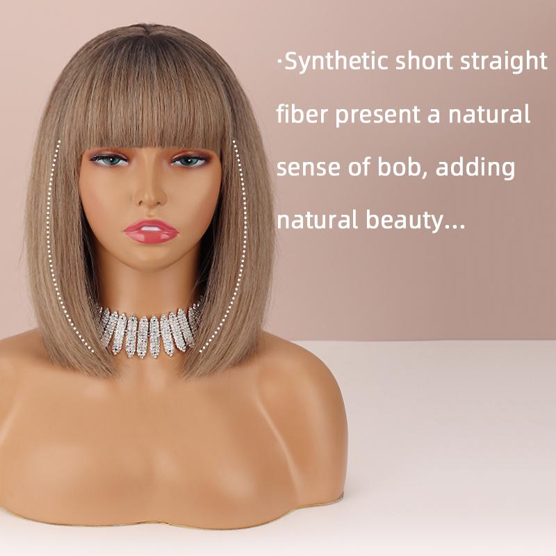 MISS WIG Ombre Brown Blonde Color Women Fashion Short Straight Bob Wig with Bangs Synthetic Fiber Natural Bob Daily Wear Wig