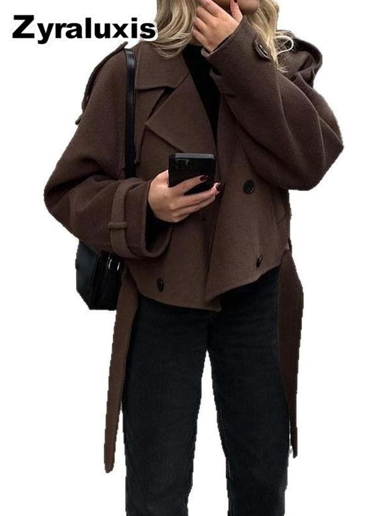 Women's Oversized Collar Woolen Short Belted Coat - Overcoat