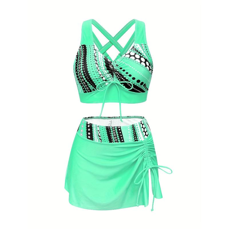 Women's Floral Print Tankini Swimsuit Set - Cross-Border Split Swimsuit Dress Three-Piece Set with Flying Edge Bikini, European and American Swimwear