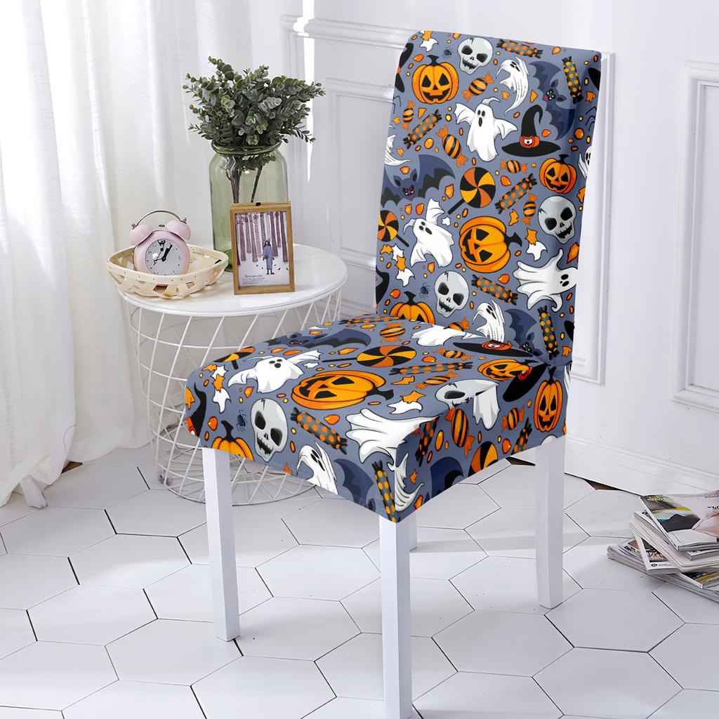 Elastic Chair Cover Skull Print Non-Slip Decorative Snug-Fit Machine Washable Seat Cover Halloween Holiday Decor Chair Protector