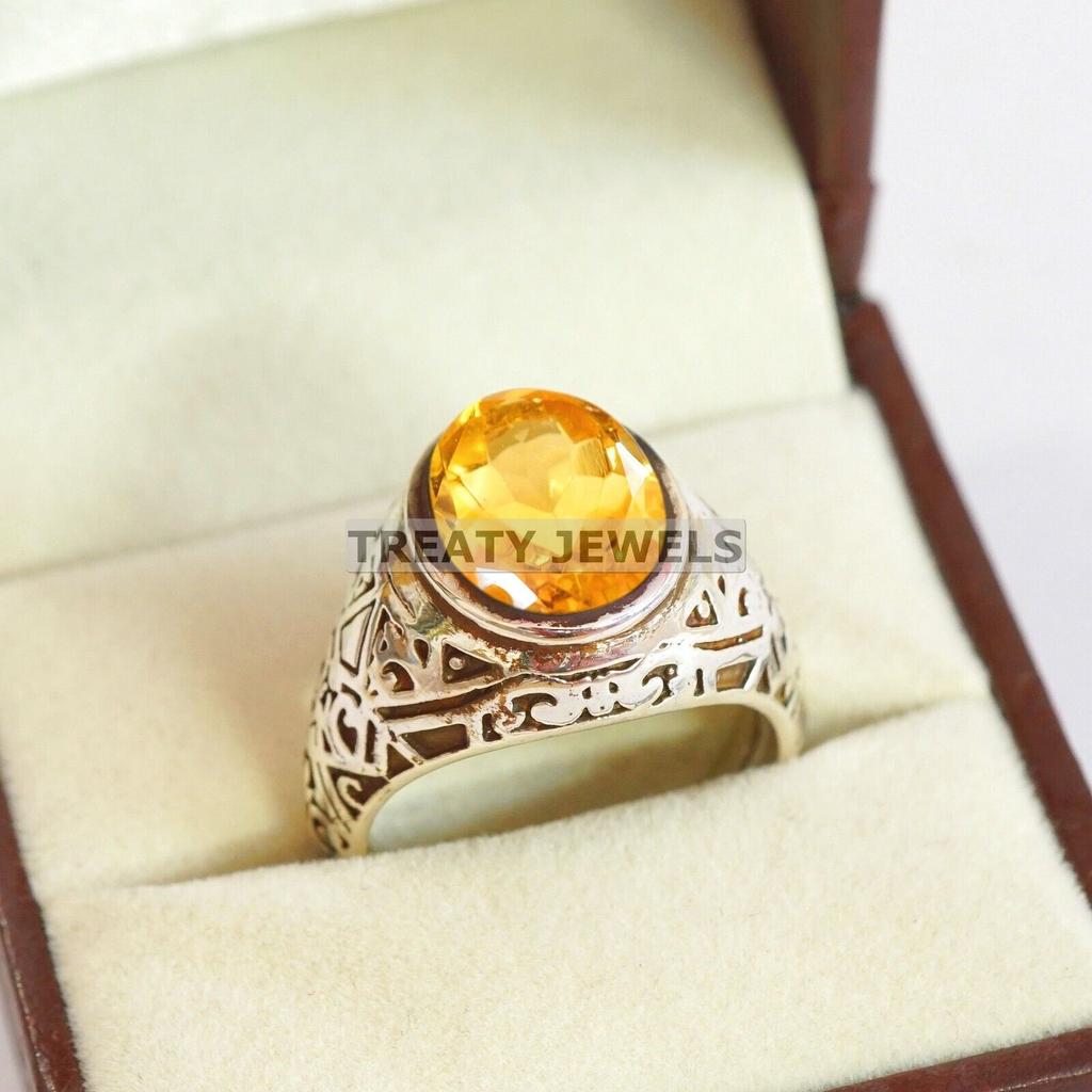 Citrin Oval geschliffener Edelstein mit 925er Sterling Silber Ring für Herren #A935 JL375669171647