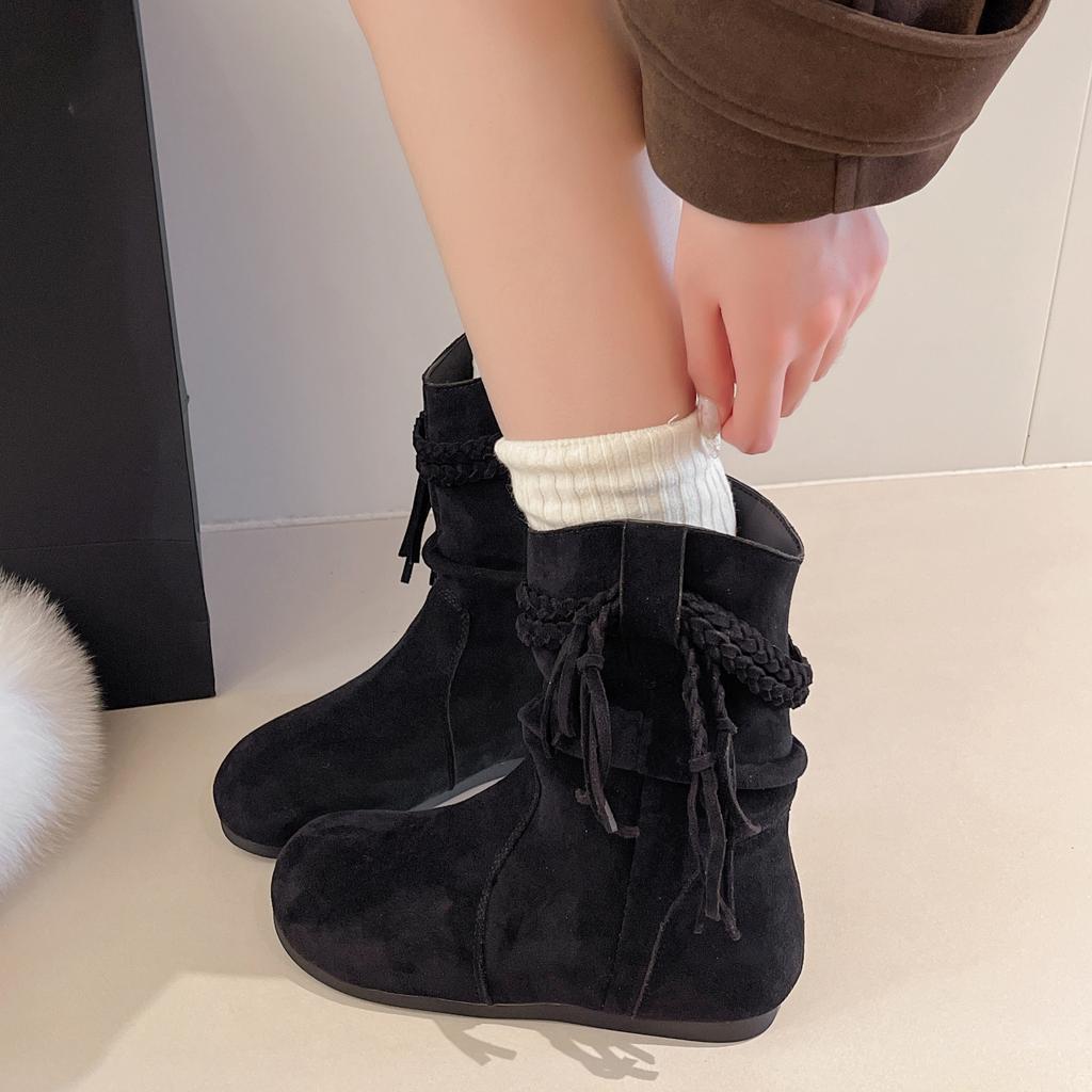 New Style Pleated Stack Boot Women's Fall Round Toe Suede Cover Foot Woven Strap Non-slip Block Heel Mid-leg Boots Zapatos Mujer