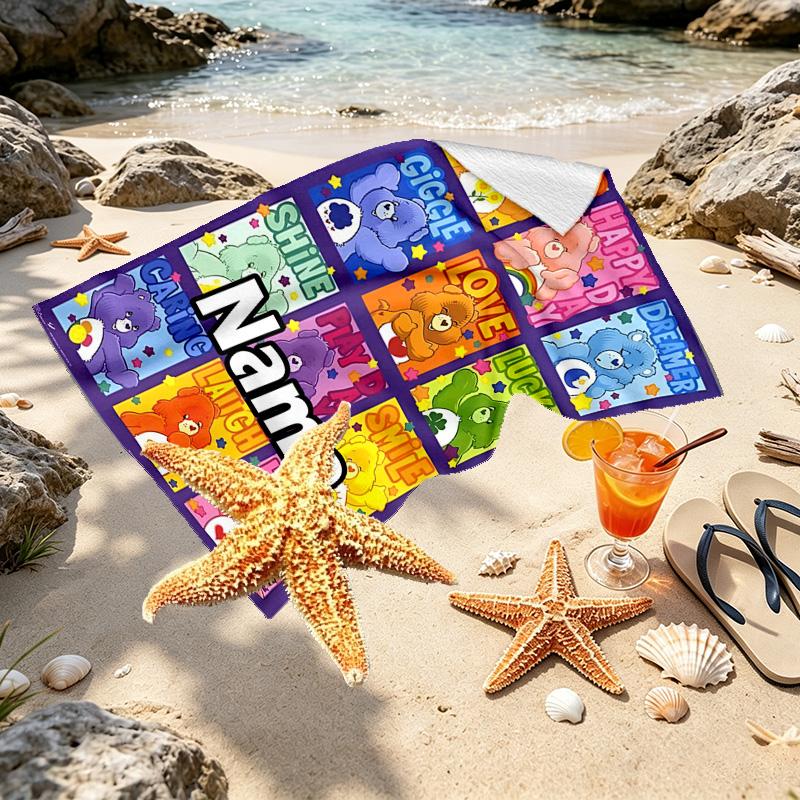 Custom Name Personalized Care Bears Print Beach Towel, for Trip Camping Beach Party Home Decor, Birthday Gift for Family & Friends