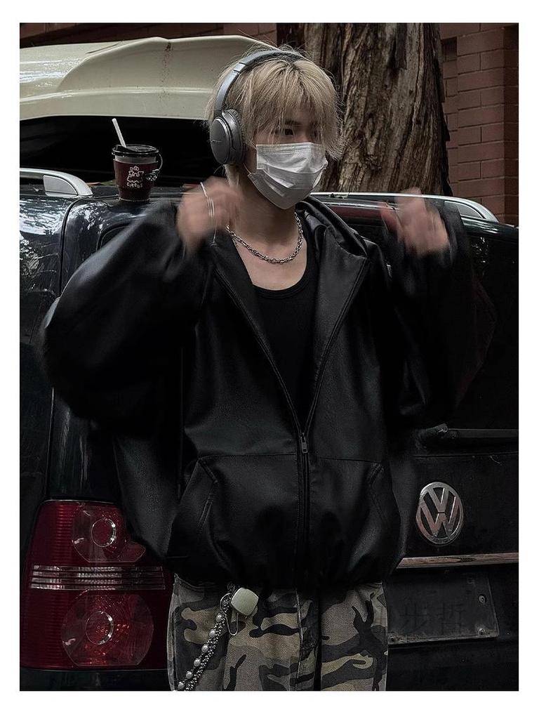 Chaqueta Retro Negra de Cuero PU para Hombre con Capucha - Estilo Béisbol de Primavera/Otoño