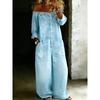 Damen schulterfrei Langarm Denim Jumpsuit lockere Passform mittlere Taille lässiger Body