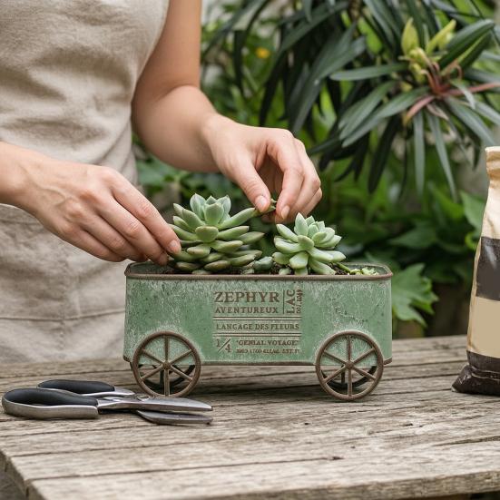 Yousheng Retro Metal Four-Wheeled Cart Decoration, Weather-Resistant Rusty Iron Cart Ornament, Potted Plant Succulents Display Rack for Living Room