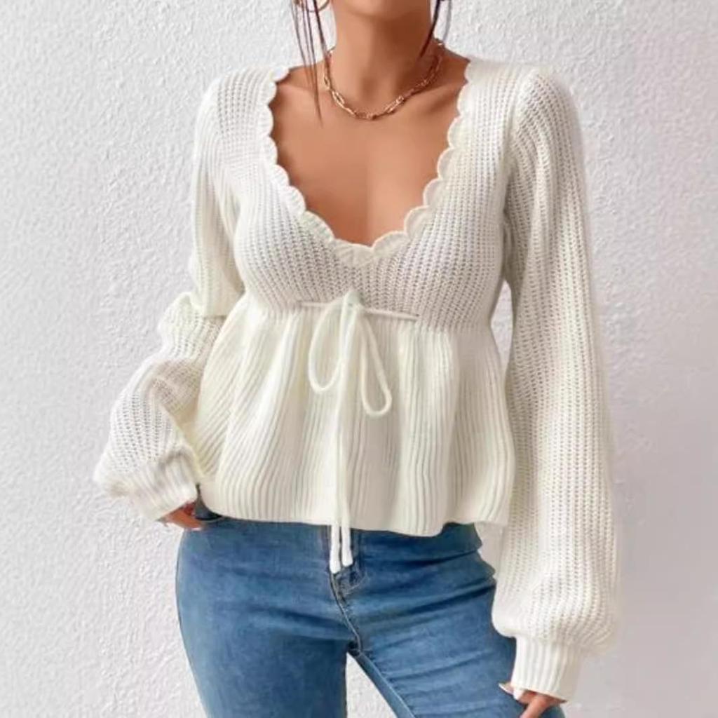 European & American Solid Color Tie-Up Pullover Knitwear for Spring, Autumn, Winter