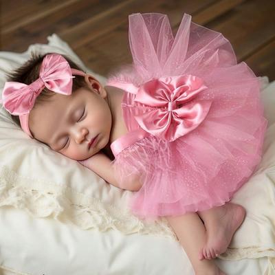 Handmade Tulle Baby Princess Dress with Matching Bowknot Headband Photo Props Newborns Girls Photography Accessories