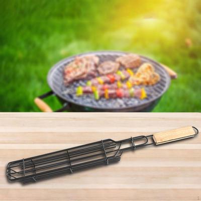 Dog Grilling Basket BBQ Grill with Wooden Handle Sausage Rack Vegetable for