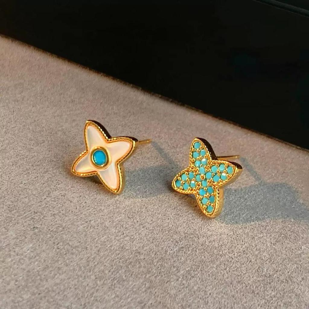 French Asymmetrical Blue Turquoise Mother-of-Pearl Clover Stud Earrings in S925 Silver for Women