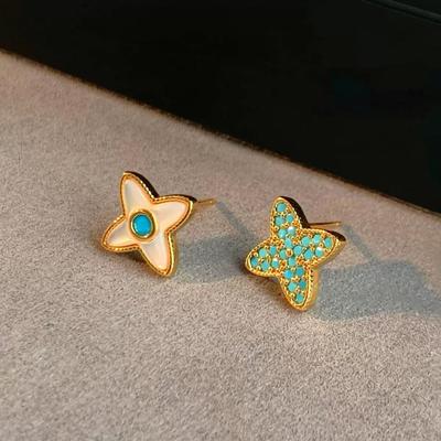 Französische asymmetrische blaue Türkis Perlmutt Kleeblatt Ohrstecker aus S925 Silber für Damen