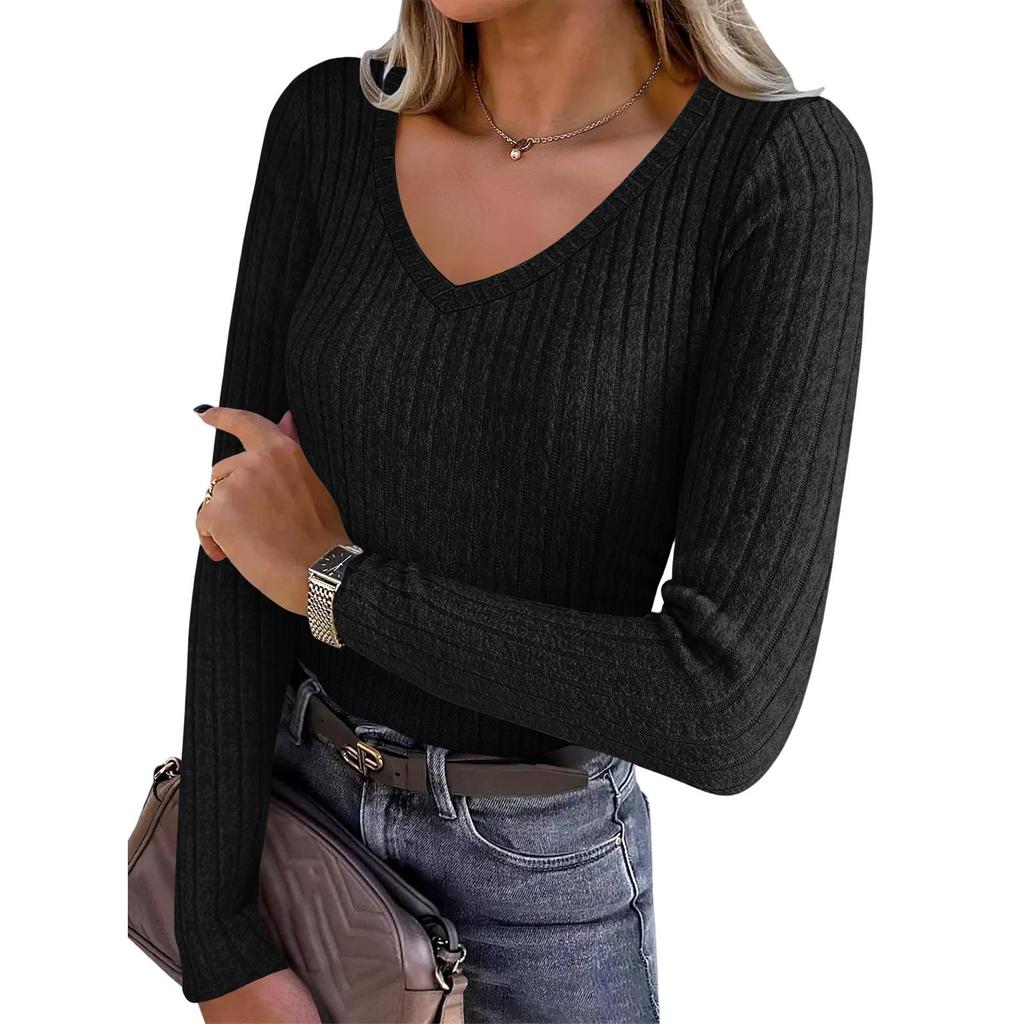Women's Long Sleeve Knit V-Neck Pullover Top for Casual Daily Wear