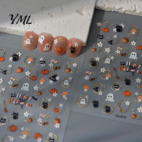 Halloween Nail Art Decals Stickers, Black Cat Ghost Pumpkin Wreath Adhesive Nails Decorative for Manicure Decoration, DIY Supplies Holiday Party