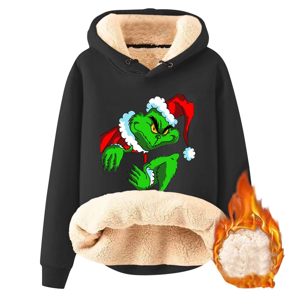 Women's Fashionable Hooded Printed Plush And Thickened Warm Loose Pullover Sweater