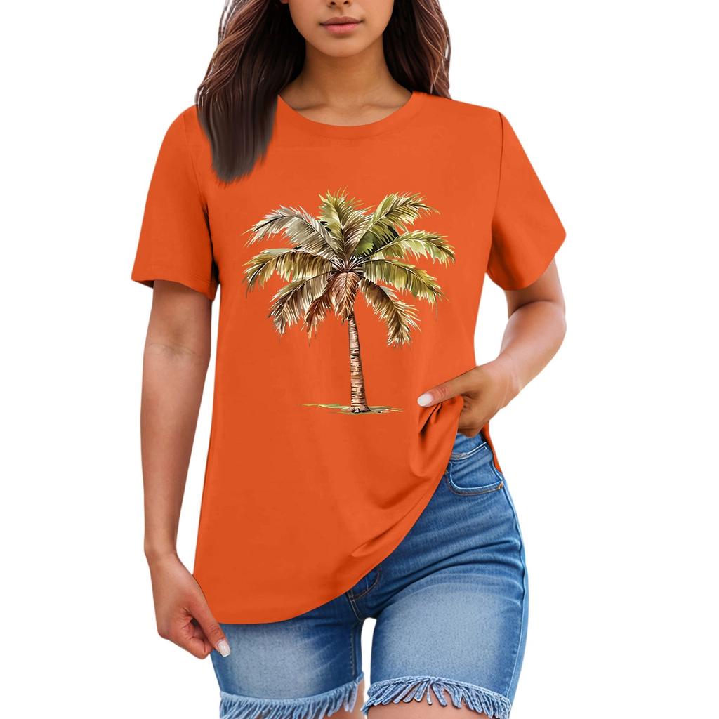 Ladies' Loose Comfortable Casual And Fashionable Hawaiian Plant Print Round Neck Short Sleeved Shirt