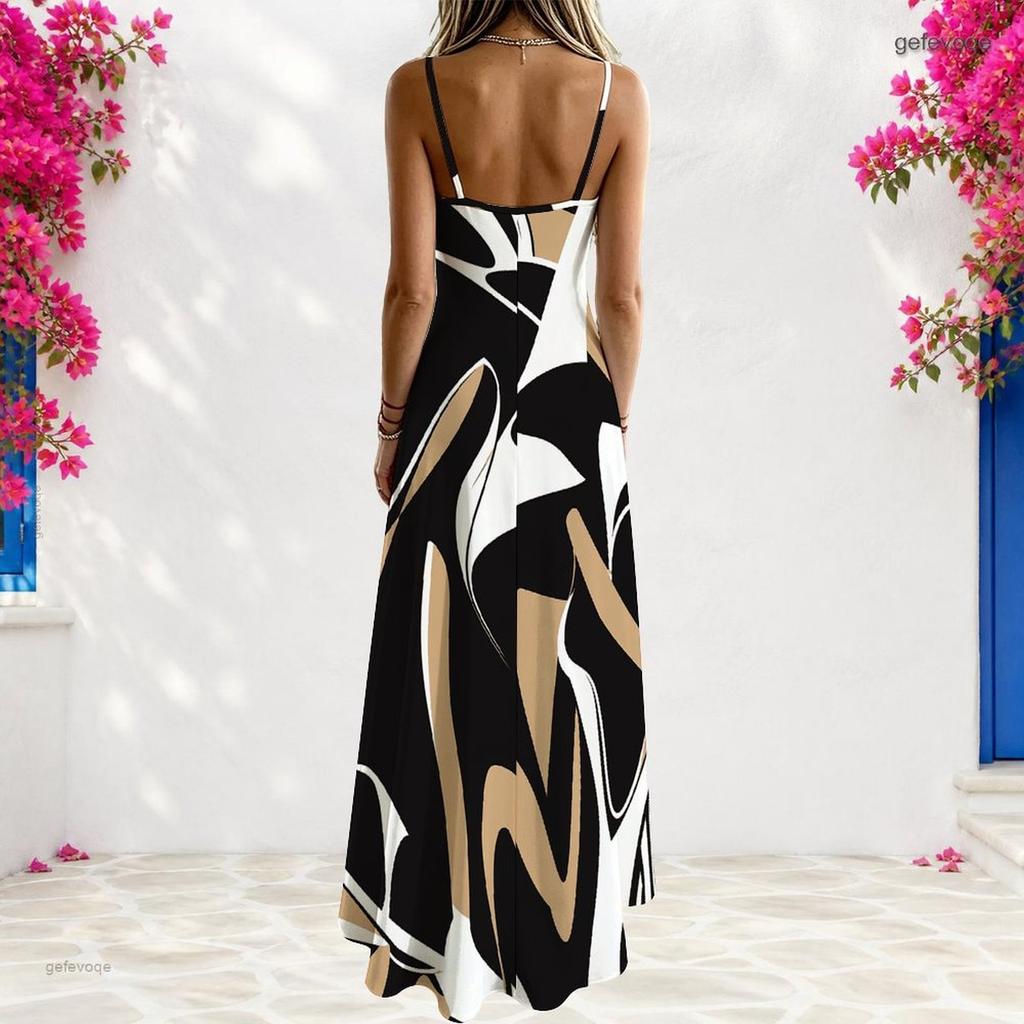 Women Plus Size Off Shoulder V Neck Strappy Sleeveless Printed A Line Maxi Dress
