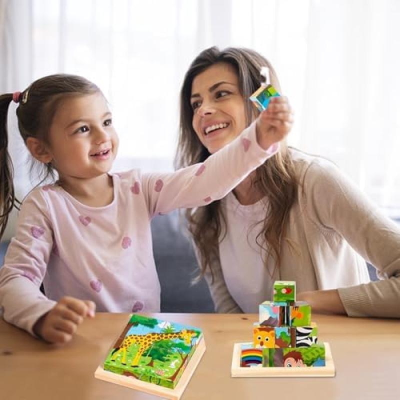 Wooden Puzzle Blocks for Kids, 6 In 1 Animal Pattern, Montessori Educational Toys for Toddlers Ages 2 3 4 Years Old Boys Girls