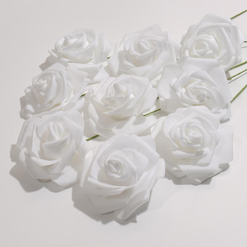 50 teile/pakete Weiß PE Rose Künstliche Blume Kopf Mit Stiel DIY Bouquet Hochzeit Party Dekoration Sammelalbum Liefert