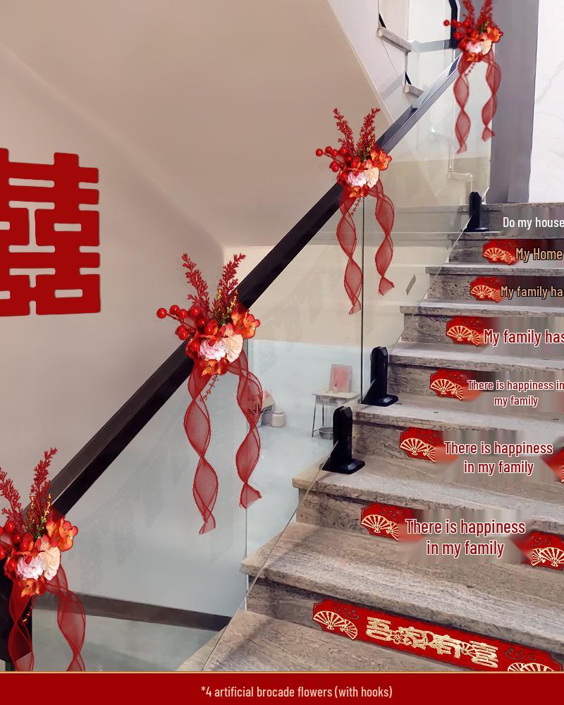 Wedding Stair Railing Decoration Set with Double Happiness Pull Flowers