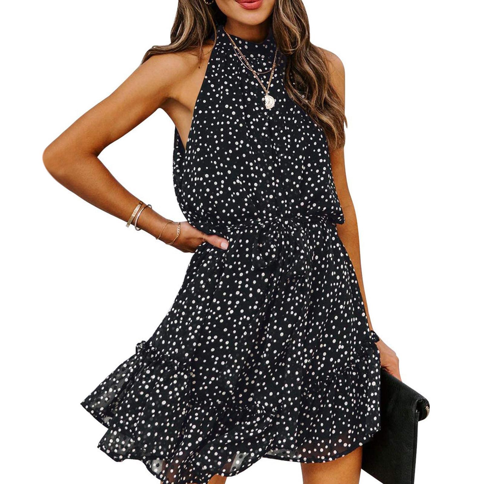 

Women s Fashion Sleeveless Neck Tie Waist Floral Print Chiffon Dress L чорний