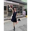 Kumikumi Retro Casual Double Pocket Design Vest Demin Dress Women Summer Loose Slimming A- Line Skirt